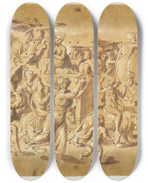 Triptych art skateboard deck of Rosso Fiorentino Bacchus Triumf_2 by Rosso Fiorentino (1494-1540)