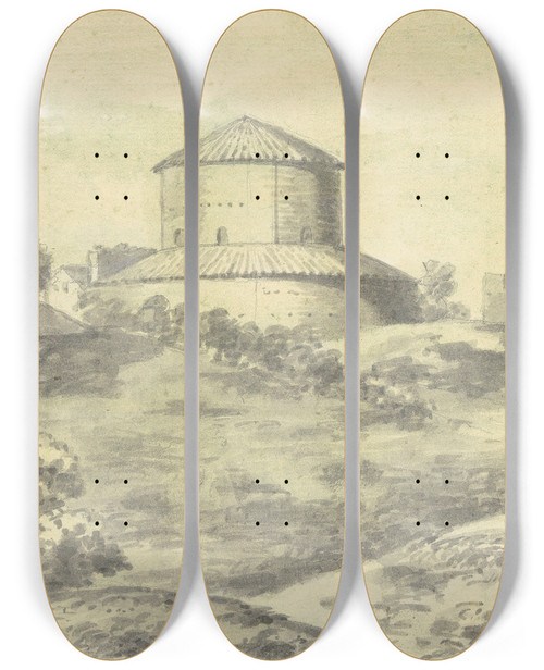 Triptych art skateboard deck of Joseph Wright Of Derby Landscape With Granary by Joseph Wright Of Derby (1734-1797)