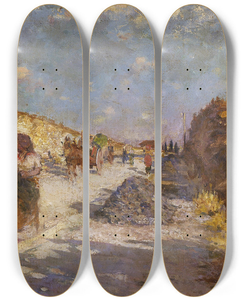 Triptych art skateboard deck of Girolamo Nerli Market Day Rome by Girolamo Nerli (1860-1926)