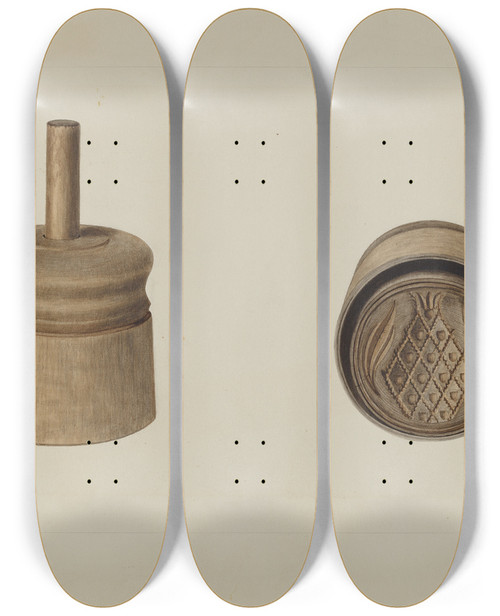 Triptych art skateboard deck of Clyde L Cheney Pa German Butter Mold by Clyde L Cheney