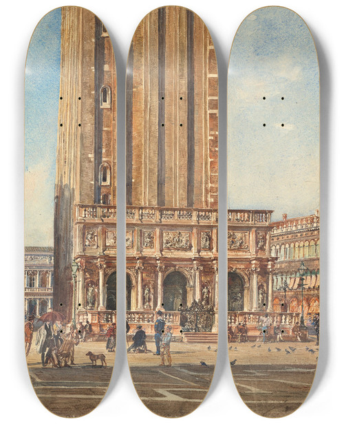 Triptych art skateboard deck of Rudolf Von Alt The Piazza San Marco by Rudolf Von Alt (1812-1905)