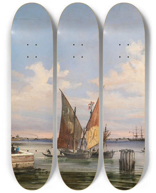 Triptych art skateboard deck of Giovanni Grubacs A Panoramic View Of The Lagoon With Santelena Island And The Lido In The Backround by Giovanni Grubacs (1829-1919)
