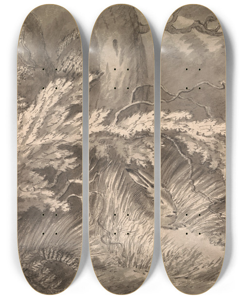 Triptych art skateboard deck of Samuel Howitt A Hare At The Edge Of The Wood by Samuel Howitt (1756-1822)