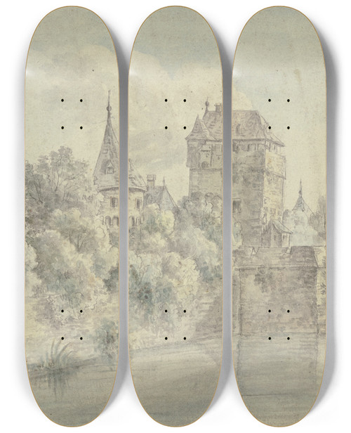 Triptych art skateboard deck of Johann Caspar Zehender Partie Am Schneidwall In Frankfurt Am Main by Johann Caspar Zehender (1742-1805)