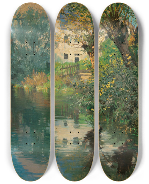Triptych art skateboard deck of Paul Von Spaun A Creek In Spring by Paul Von Spaun (1876-1932)