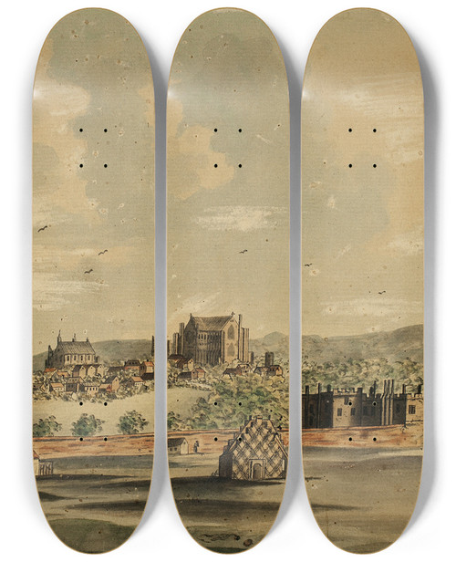 Triptych art skateboard deck of Augustus Charles Pugin St Jamess With The Village Of Charing As It Appeared In Ye Reign Of Henry Viii by Augustus Charles Pugin (1762-1832)