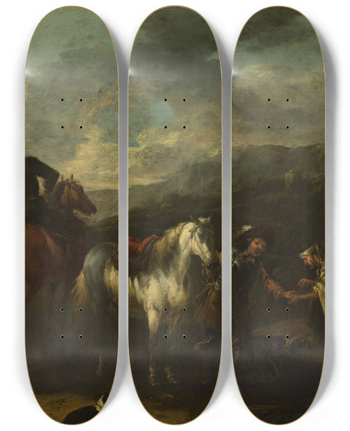 Triptych art skateboard deck of August Querfurt Horsemen And A Beggar Woman Against Landscape by August Querfurt (1696-1761)