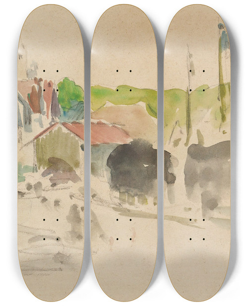 Triptych art skateboard deck of Paul Gauguin Le Village by Paul Gauguin (1848-1903)