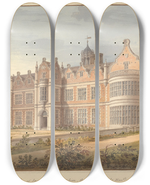 Triptych art skateboard deck of John Buckler North West View Of Ingestre Staffordshire The Seat Of The Right Honble Earl Talbot by John Buckler (1770-1851)