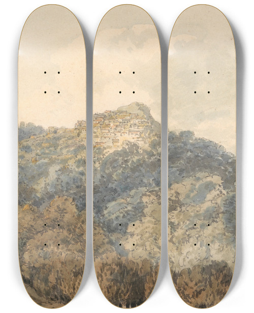 Triptych art skateboard deck of Thomas Girtin Rocca Del Papa With Monte Cavo by Thomas Girtin (1775-1802)