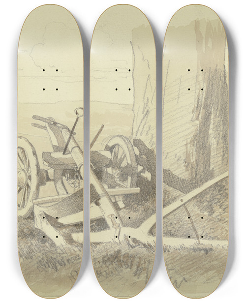 Triptych art skateboard deck of Karl Friedrich Harveng Plough Underneath A Tree by Karl Friedrich Harveng (1832-1874)