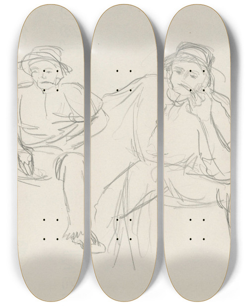 Triptych art skateboard deck of Jn Novk Figurlne Tdie Dvaja Sediaci Mui by Jan Novak (1921-1944)