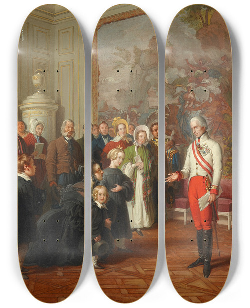 Triptych art skateboard deck of Johann Peter Krafft Kaiser Franz I Erteilt Allgemeine Audienz by Johann Peter Krafft (1780-1856)