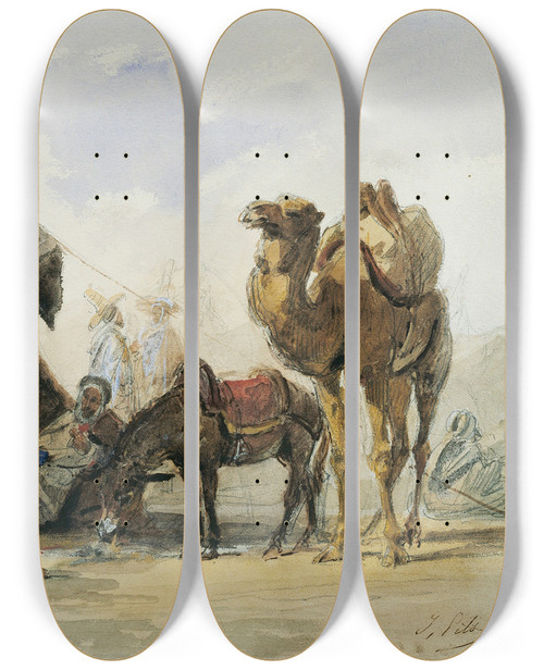 Triptych art skateboard deck of Isidore Pils An Arab Encampment by Isidore Pils (1815-1875)