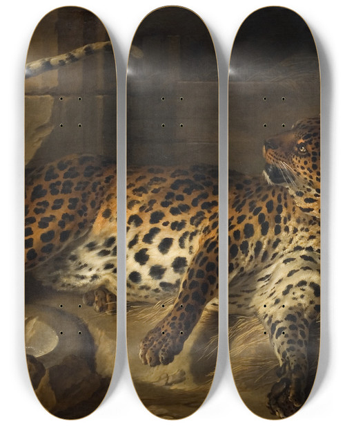 Triptych art skateboard deck of Jeanbaptiste Oudry Leopard In A Cage Confronted By Two Mastiffs by Jean-Baptiste Oudry (1686-1755)