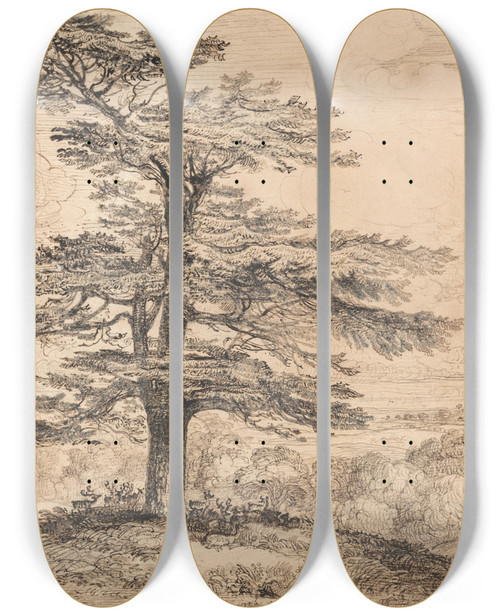 Triptych art skateboard deck of James Ward A Cedar On A Rise With A Herd Of Deer Grouped Beneath Its Shade by James Ward (1769-1859)