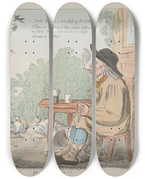 Triptych art skateboard deck of George Moutard Woodward A Flight Of Parsons by George Moutard Woodward (1765-1809)