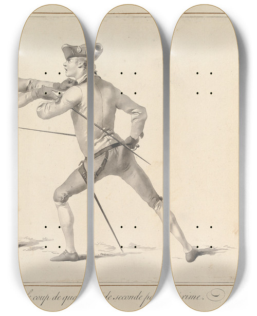 Triptych art skateboard deck of James Gwin Position Aprs Avoir Desarme Sur Le Coup De Quarte Ou De Seconde Par De Prime by James Gwin (1720-1769)