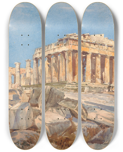 Triptych art skateboard deck of John Fulleylove The Parthenon From The North End Of The Eastern Portico Of The Propylae Evening Light by John Fulleylove