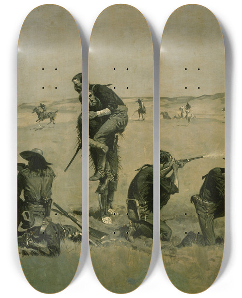 Triptych art skateboard deck of Frederic Remington The Last Stand by Frederic Remington (1861-1909)