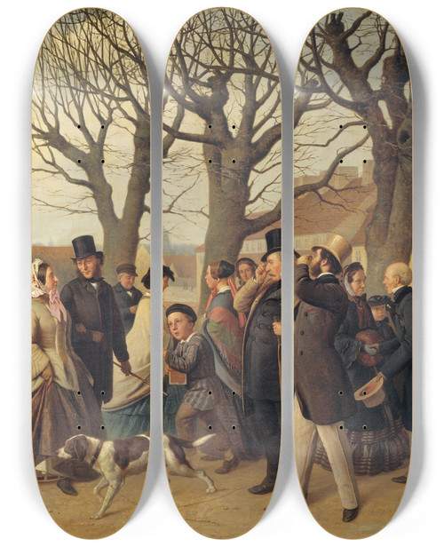 Triptych art skateboard deck of Andreas Herman Hunus Promenading On The Ramparts Of Copenhagen On The Evening Of A Public Holiday In Spring by Andreas Herman Hunaeus (1814-1866)