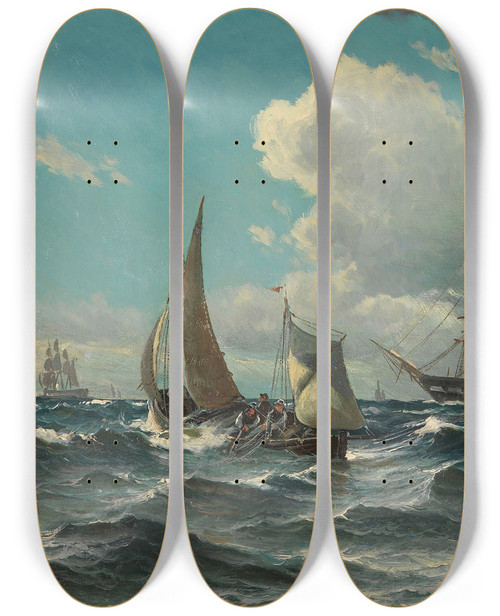 Triptych art skateboard deck of Vilhelm Bille Fischerboot Und Dampfsegler Auf Bewegter See by Vilhelm Bille (1864-1908)