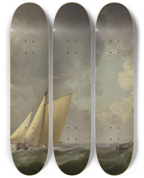 Triptych art skateboard deck of Charles Brooking A Cutter In A Strong Breeze by Charles Brooking (1723-1759)