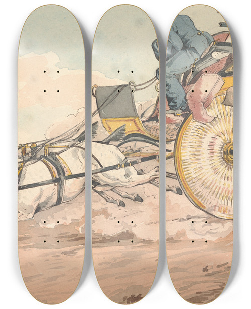 Triptych art skateboard deck of Henry Thomas Alken Sporting Discoveries Or The Miseries Of Driving Trying A New Match You Discover That They Are Not Only Alike In Color Weight And Action But In Disposition by Henry Thomas Alken (1785-1851)