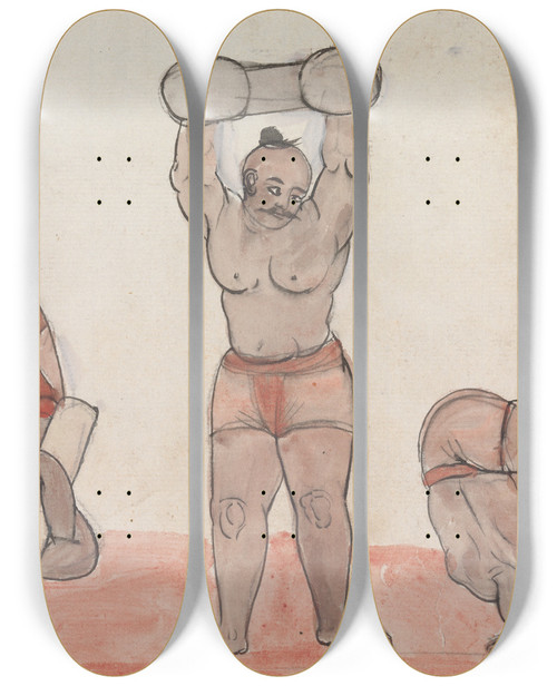 Triptych art skateboard deck of Gangaram Chintaman Tambat Three Jeyties Exercising by Gangaram Chintaman Tambat