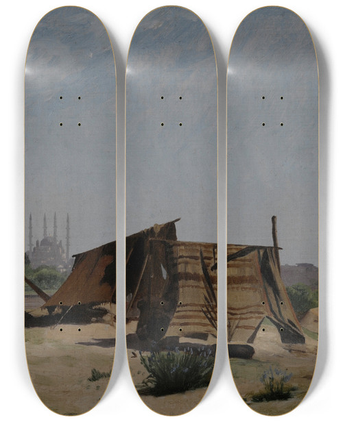 Triptych art skateboard deck of Jeanlon Grme An Encampment Before Constantinople by Jean-Lon Grme (1824-1904)