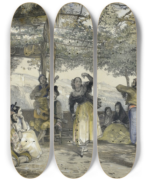 Triptych art skateboard deck of John Frederick Lewis Spanish Peasants Dancing The Bolero by John Frederick Lewis (1805-1876)