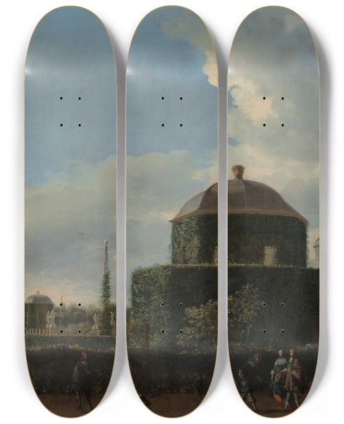 Triptych art skateboard deck of Jan Van Der Heyden The Huis Ten Bosch At The Hague And Its Formal Garden View From The East by Jan van der Heyden (1637-1712)