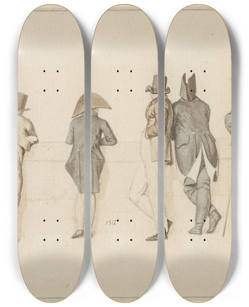Triptych art skateboard deck of Christoffer Wilhelm Eckersberg Rygvendte Figurer Ved En Seinekaj Paris by Christoffer Wilhelm Eckersberg (1783-1853)