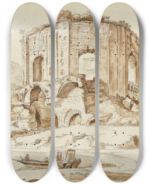 Triptych art skateboard deck of Carlo Labruzzi The Socalled Temple Of Venus At Baiae With Tourists Preparing To Disembark And Fishermen Mending Nets by Carlo Labruzzi (1748-1817)