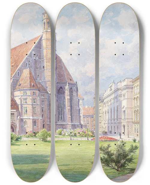 Triptych art skateboard deck of Ludwig Hans Fischer Minoritenkirche In Vienna by Ludwig Hans Fischer (1848-1915)