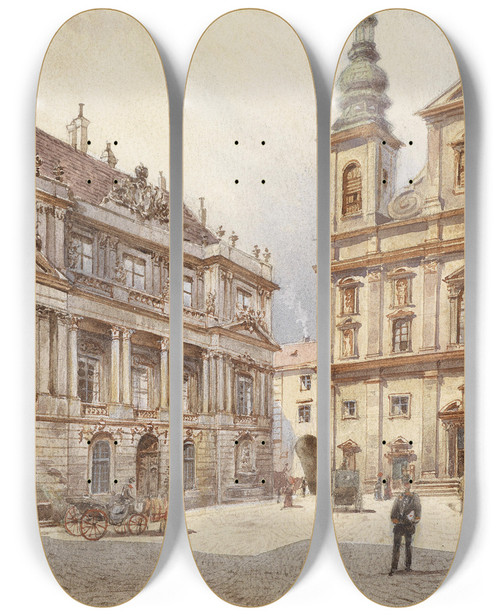 Triptych art skateboard deck of Karl Wenzel Zajicek Wien Jesuitenkirche Und Alte Universitt by Karl Wenzel Zajicek (1860-1923)