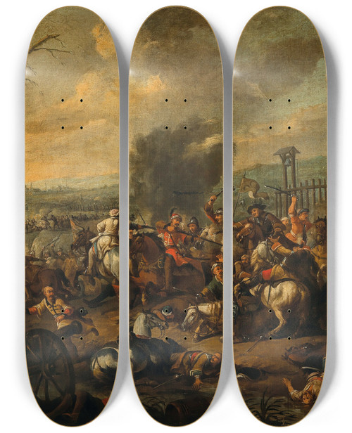 Triptych art skateboard deck of August Querfurt A Cavalry Skirmish Between Christians And Turks by August Querfurt (1696-1761)