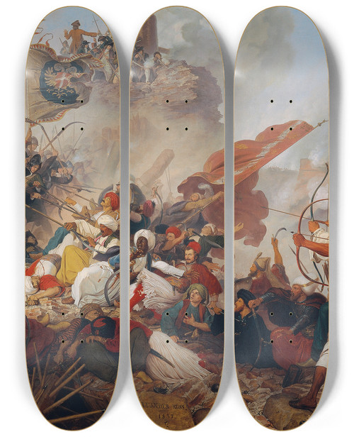 Triptych art skateboard deck of Leander Russ Storm Of The Turks On The Lwelbastei by Leander Russ (1809-1864)