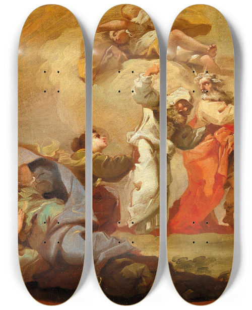 Triptych art skateboard deck of Domenico Pedrini Moses And Aaron Guide The Israelites Out Of Egypt by Domenico Pedrini (1728-1800)
