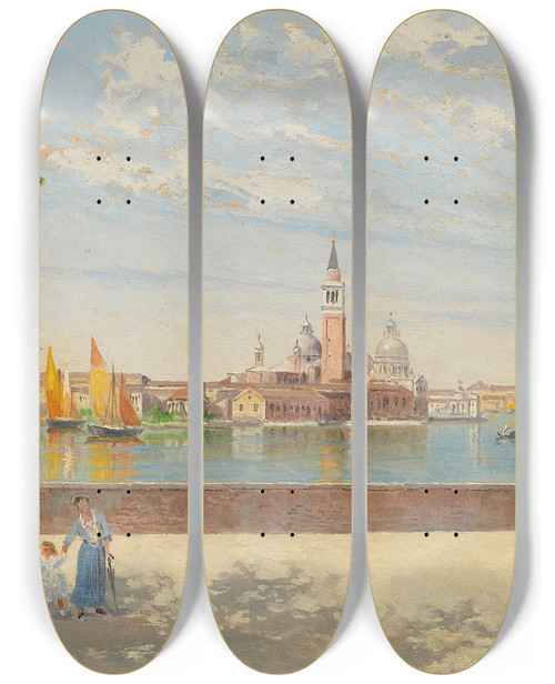 Triptych art skateboard deck of Antonietta Brandeis Venice A View Of San Giorgio From The Giardini by Antonietta Brandeis (1848-1926)