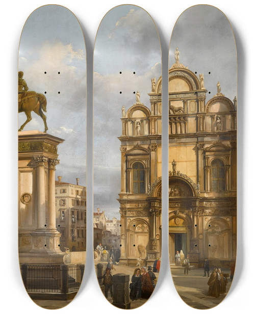 Triptych art skateboard deck of Federico Moja Venice A View Of The Campo Santi Giovanni E Paolo With The Equestrian Monument To Bartolomeo Colleoni And The Scuola Grande Di San Marco In The Background by Federico Moja (1802-1885)