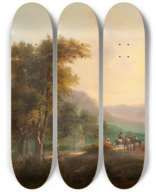 Triptych art skateboard deck of Julius Schoppe Travellers On A Country Path by Julius Schoppe (1795-1868)