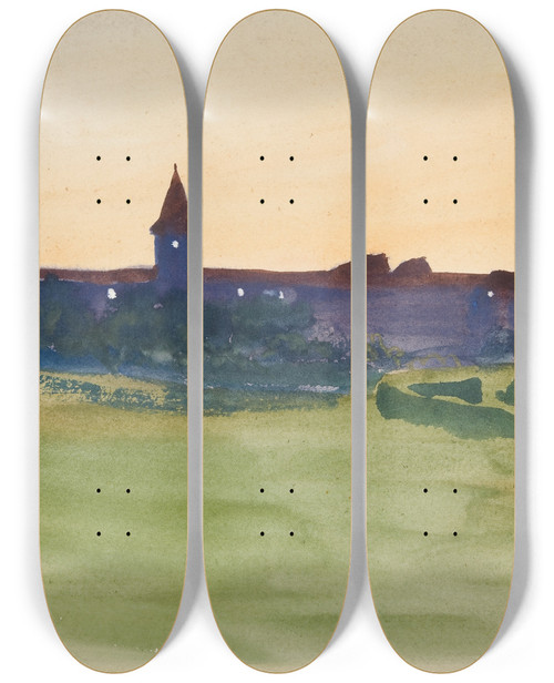 Triptych art skateboard deck of Edwin Austin Abbey Architectural Study View Of A Walledcity by Edwin Austin Abbey (1852-1911)