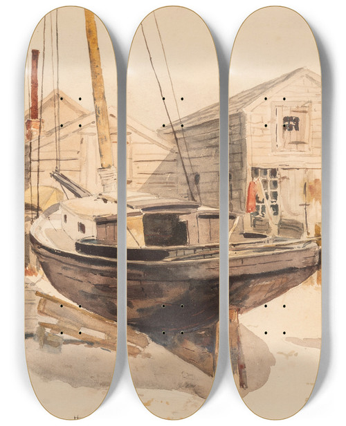 Triptych art skateboard deck of Childe Hassam Fishhouses Swampscott by Childe Hassam (1859-1935)