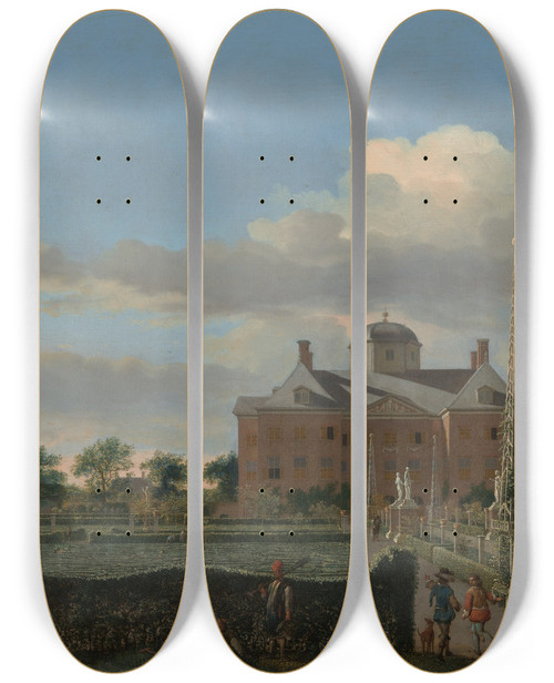 Triptych art skateboard deck of Jan Van Der Heyden The Huis Ten Bosch At The Hague And Its Formal Garden View From The South by Jan van der Heyden (1637-1712)