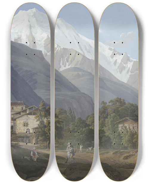 Triptych art skateboard deck of Jeanantoine Linck Vue De St Gervais De Laiguille Blance Du Bon Homme by Jean-Antoine Linck (1766-1843)