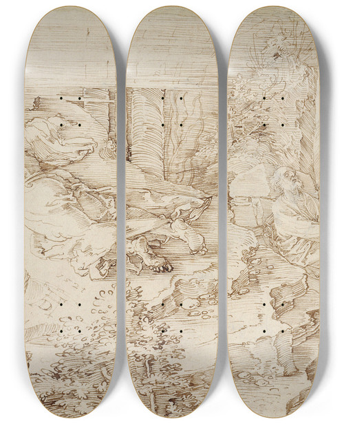 Triptych art skateboard deck of Albrecht Drer Agony In The Garden_1 by Albrecht Durer (1471-1528)