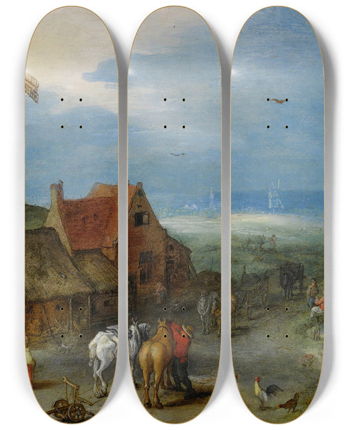 Triptych art skateboard deck of Jan Brueghel The Elder Landscape With A Windmill Various Figures Horses And Animals Near A Farmstead by Jan Brueghel The Elder (1568-1625)