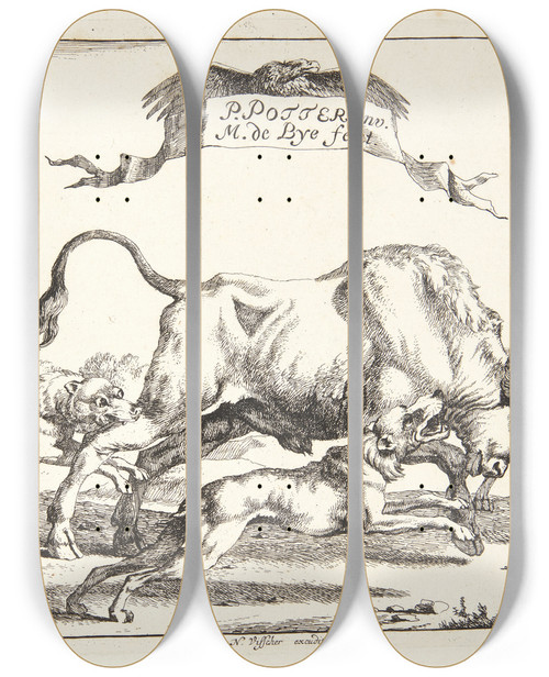 Triptych art skateboard deck of Marcus De Bye Titelblad Til Jagt Efter Tyre Ulve Vildsvin Og Bjrne by Marcus de Bye (1638-1688)
