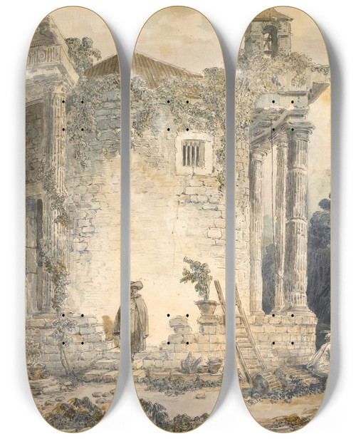 Triptych art skateboard deck of Hubert Robert The Temple Of The Sibyl At Tivoli A Man In A Cloak And Hat Standing On The Steps A Group Of Monks To The Right by Hubert Robert (1733-1808)